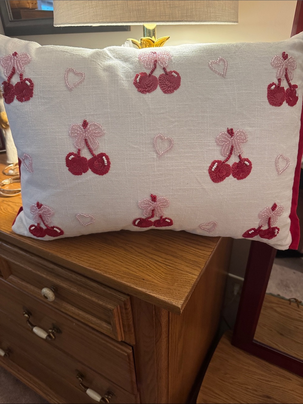 Embroidered Cherry Throw Pillow x 2  - White and Pink